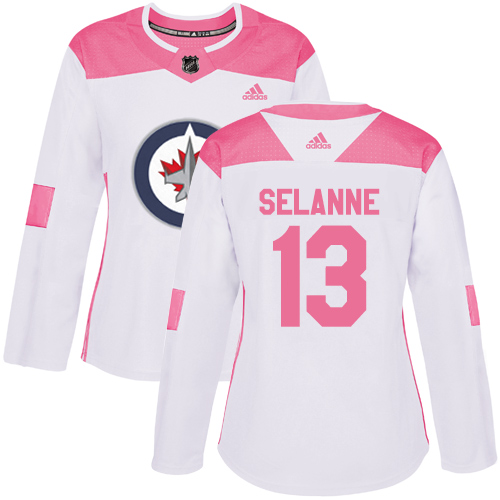 Adidas Jets #13 Teemu Selanne White/Pink Authentic Fashion Women's Stitched NHL Jersey - Click Image to Close